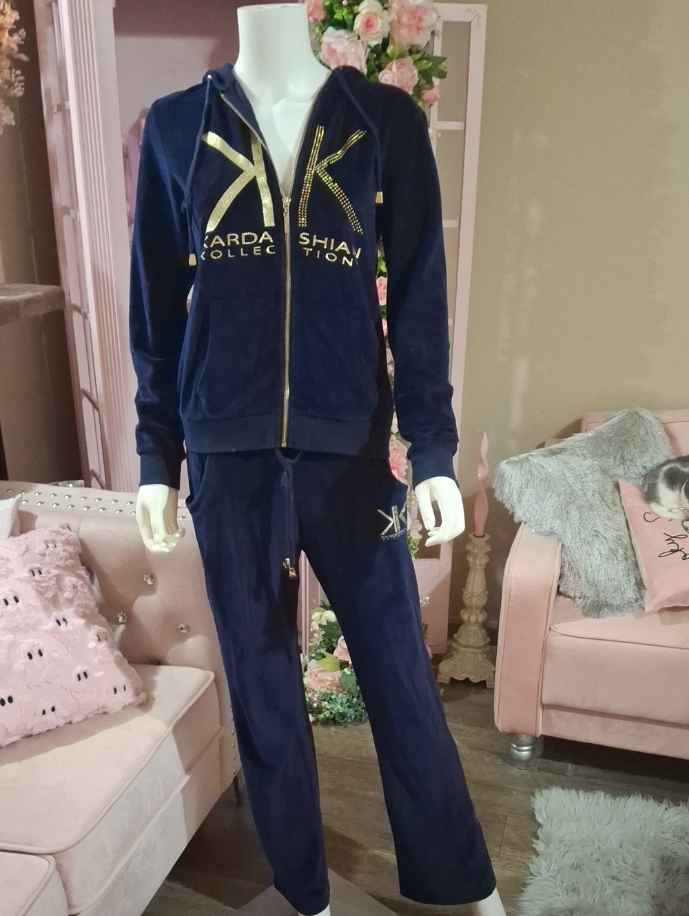 Kardashian Kollection Navy Velour Hoodie & Pants Set with Gold Logo  Size S